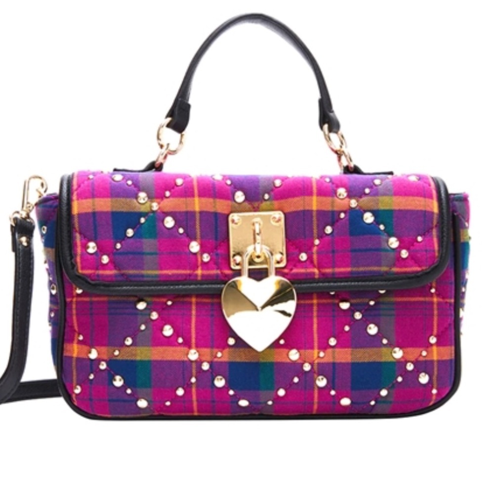 Betsey Johnson Pretty & Punk Plaid Studded Flap Satchel, Pink Multi